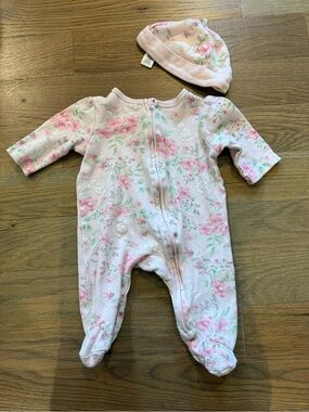 Little Me Pink Floral Footed One-Piece with Matching Hat